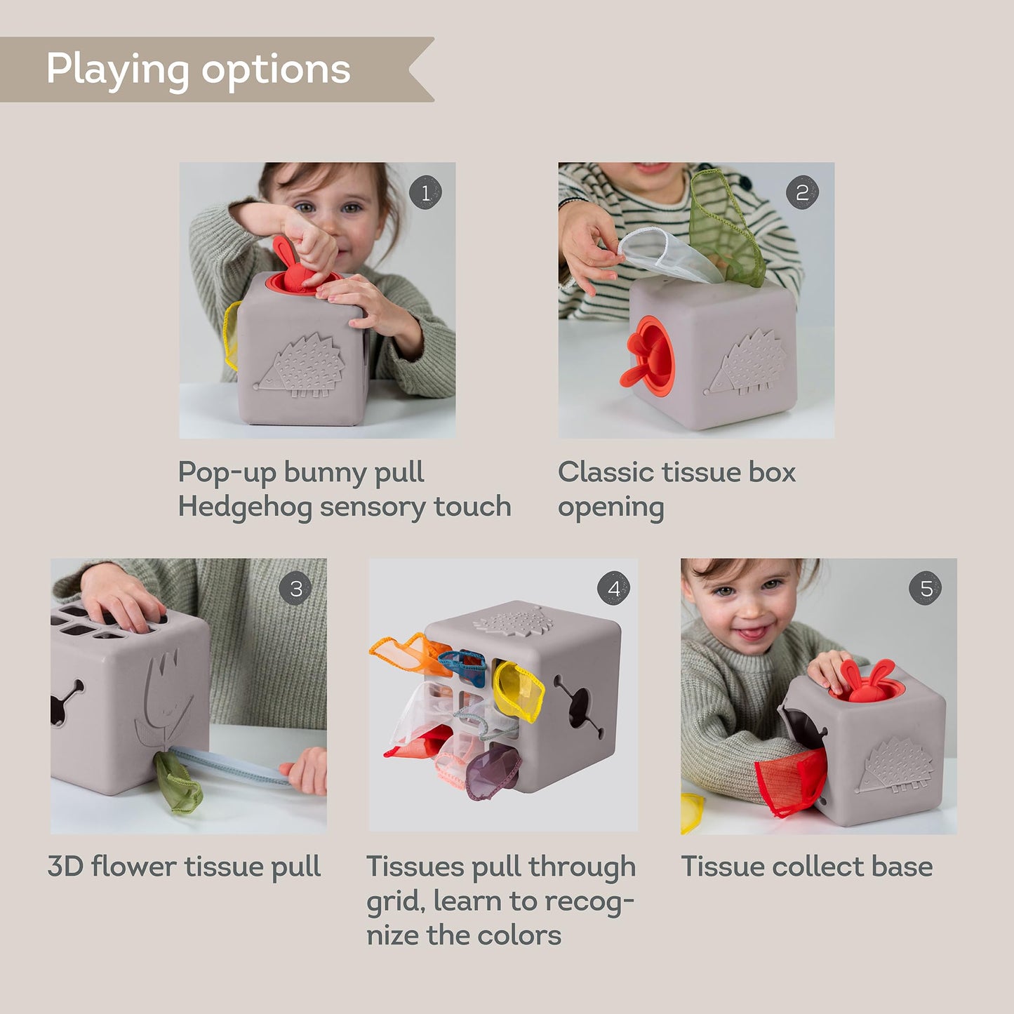 Taf Toys Baby Tissue Box - Montessori Silicone Toy for Motor Skills, 10 Fabric Tissues, Multicolor, Medium, Model TAF13405