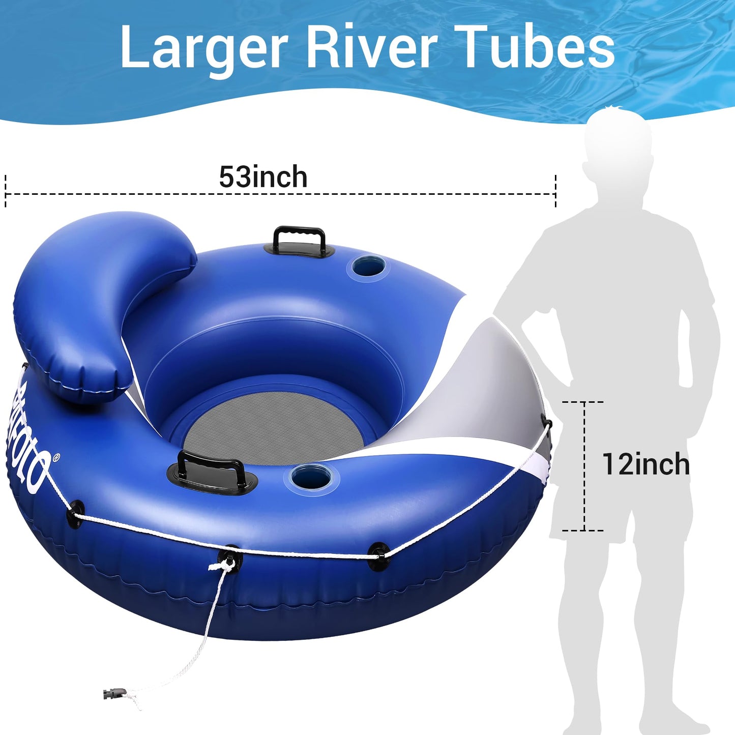 Pafolo Heavy Duty River Tubes - 53" Inflatable Pool Float, Blue and Grey, Large, Mesh Bottom for Beach Lake Rafting