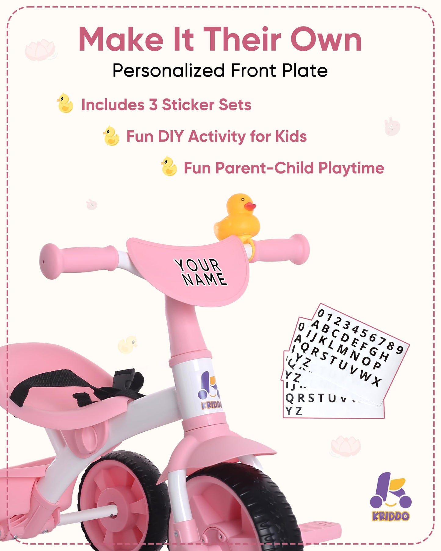 KRIDDO Kids Tricycle 2 in 1 with Push Handle, EVA Wheels, Pink, for Toddlers 18 Months to 3 Years, Small, Carbon Steel