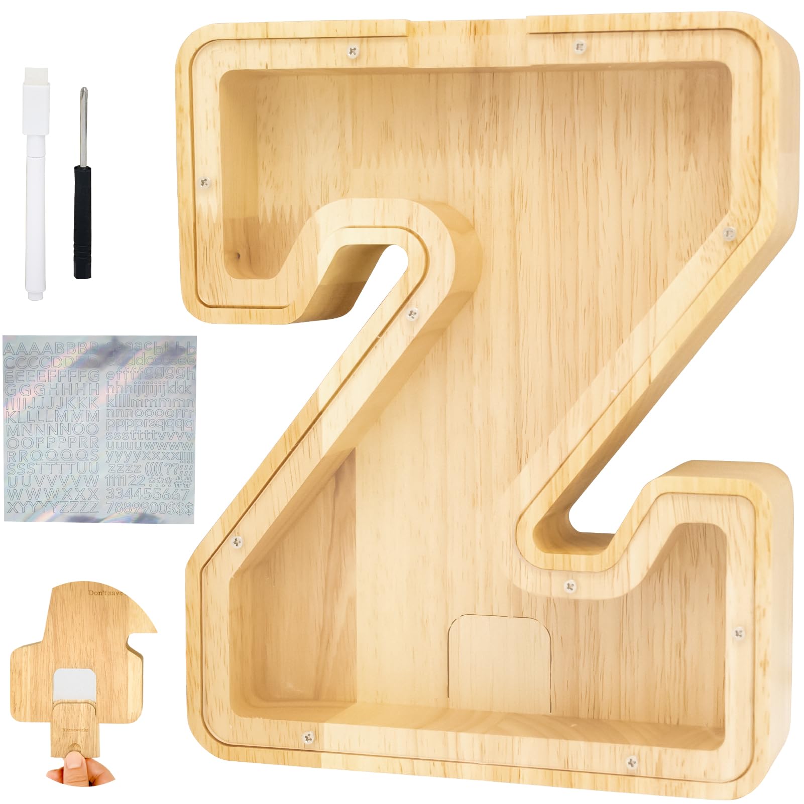 Bitreeworks Letter Piggy Bank, Personalized Wooden Coin Banks, Large Wood Money Peny Bank for Adults (9'', Alphabet Z)