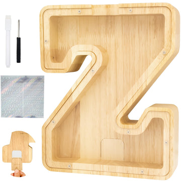 Bitreeworks Letter Piggy Bank, Personalized Wooden Coin Banks, Large Wood Money Peny Bank for Adults (9'', Alphabet Z)