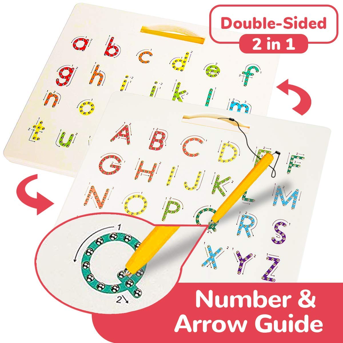Cozybomb Double Sided Magnetic Letter Board - 2 In 1 Alphabet Magnets Tracing Board For Toddlers Abc Letters Uppercase & Lowerca