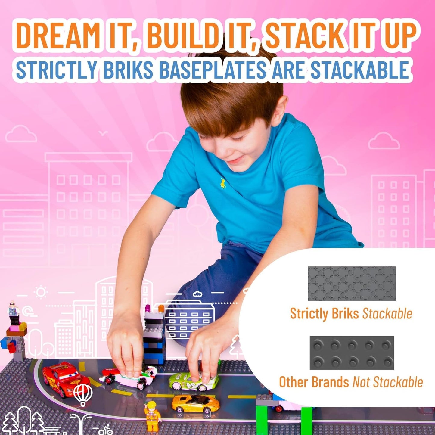 Strictly Briks Compatible With Lego Building Blocks Road Plates 10'' X 10'', 8 Pack Kids Brick Baseplates For City Road, Street,