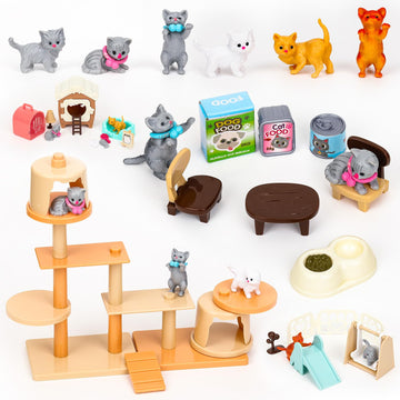 Sweetace 43Pcs Cat Toys For Kids Pretend Play Cat Figures Playset Toddler Toy Interactive Kitten Role Play Set Realistic Cats Ca