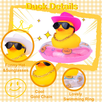 MuMyer 2Pcs Duck Car Ornaments - Yellow Duck Car Dashboard Decorations with Mini Swim Ring Cowboy Hat Necklace and Sunglasses