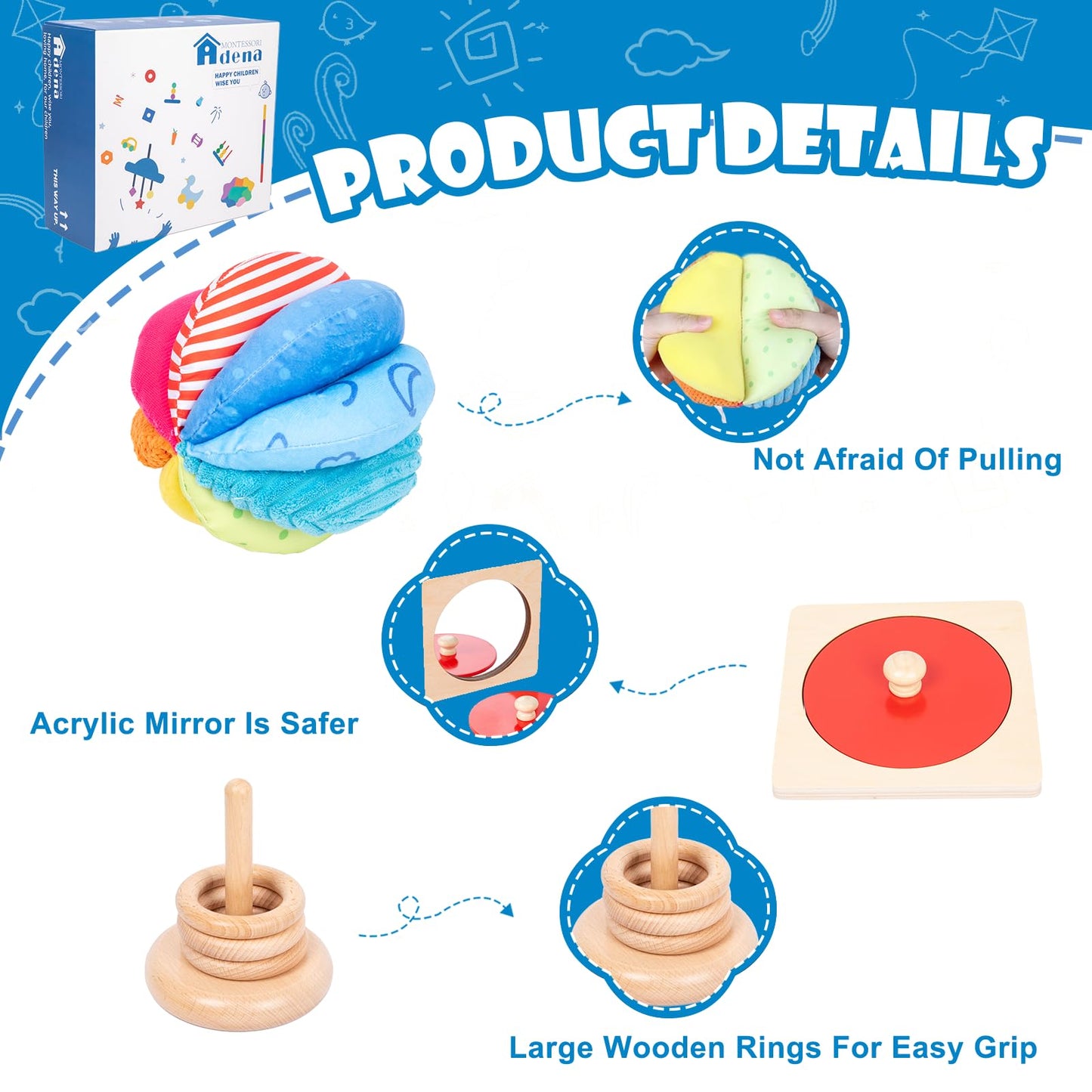 Adena Montessori Play Kit For 5-6 Months Baby,8 In 1 Learning Educational Toys For Toddler,Include Rainbow Spining Drum,Mirror Puzzle,Baby Tissue Box And More,Christmas Birthday Gift For Boys Girl