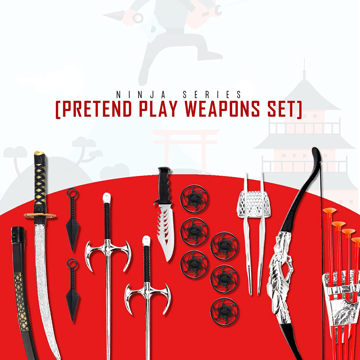 Liberty Imports Ninja Warrior Bow and Arrow Archery Set with Katana decorative replica blade  Sai  Melee Toy  for Kids Pretend Role Play Equipment  Cosplay  Costume Accessories