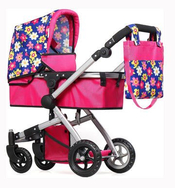 Fash N Kolor | Foldable Pram For Baby Doll With Flower Design With Swiveling Wheel Adjustable Handle Bassinet Stroller With Baby
