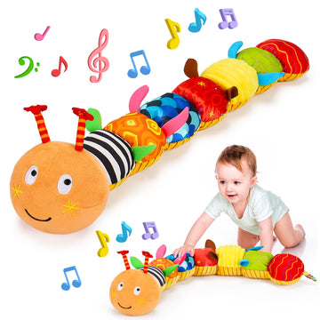Baby Sensory Caterpillar Toys 0-3 Month Music Animal Stuffed Plush Toy For Infant 0-3-6-12 Month Tummy Time With Crinkle Rattle