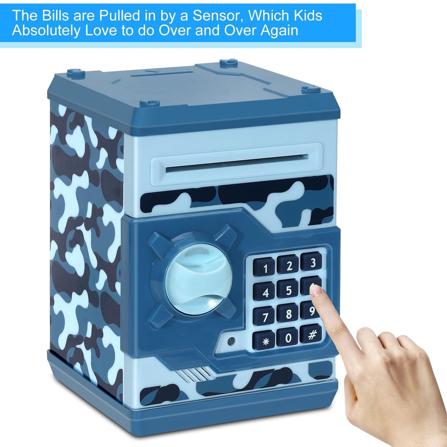 Renvdsa Cartoon Electronic Atm Password Piggy Bank Cash Coin Can Auto Scroll Paper Money Saving Box Gift For Kids (Blue Camouflage)