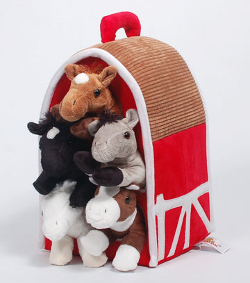 Unipak Plush Horse Barn with 5 Stuffed Horses - Red Carrying Case for Playtime Fun and Imaginative Adventures