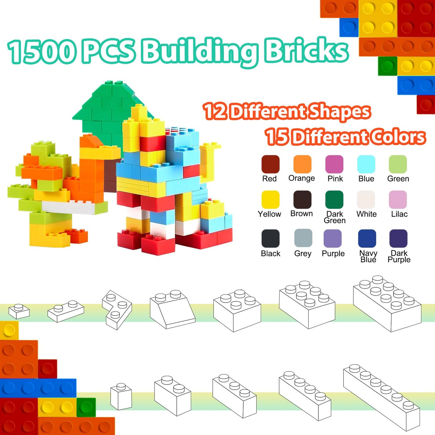 1500 Pieces Classic Building Bricks In 15 Popular Colors And 12 Mixed Shapes, Creative Small Building Blocks Set Learning Educat