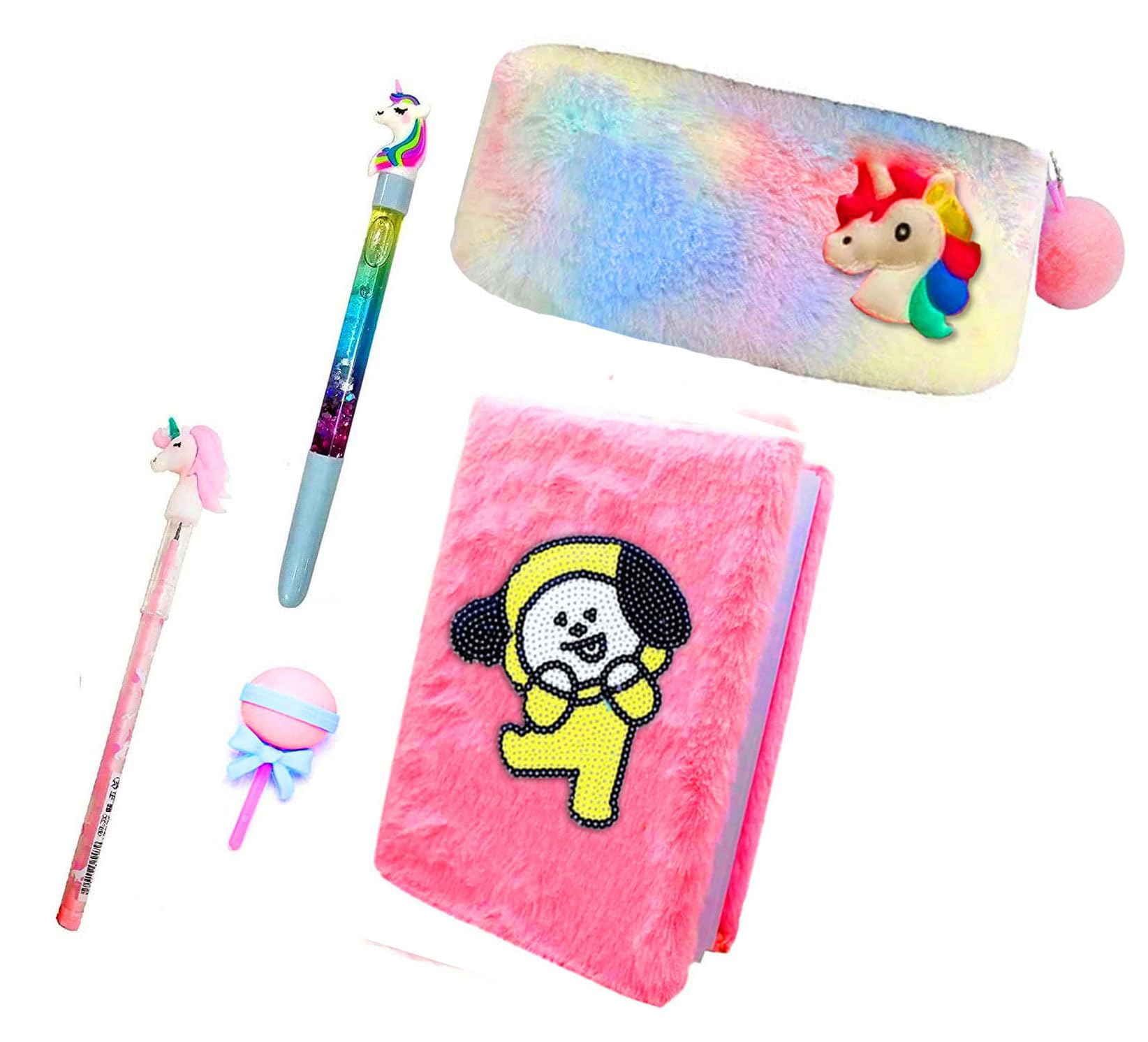 Neel School Stationery Cute Fancy Designer Stationery Gift Set For Kids Unicorn Theme School Supplies Kitty Fur Diary, Pencil Ca