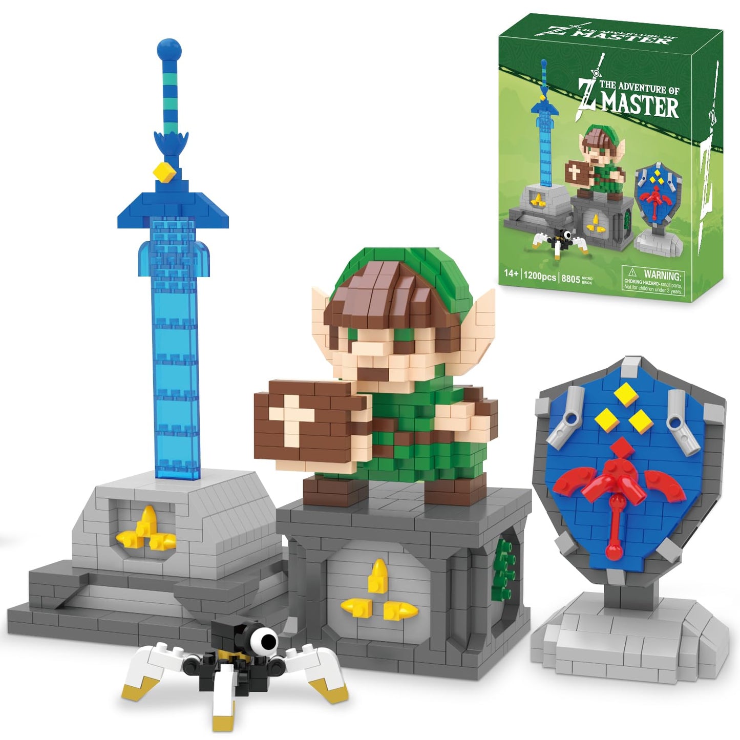 Finger Rock Link Building Set  Game Action Figure Building Kit  4 in 1 BOTW Holding Master decorative replica blade and Hylian Shield Guardian Toys Gifts for mature-themeds Kids 12+ (1200 PCS)