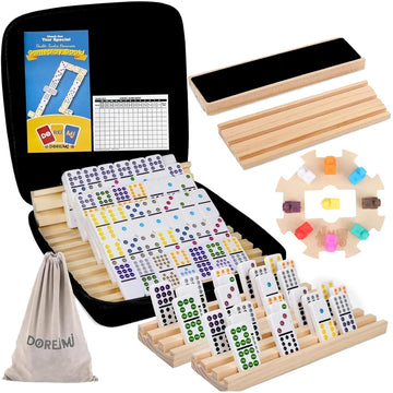 Upgraded Mexican Train Dominoes Set With Wooden Hub And 8 Racks/Trays,Double 12 Dominos Set For Kids, Adults Travel Domino Train