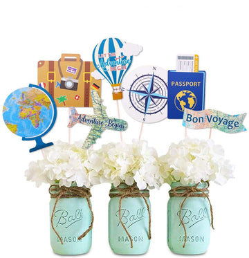 Yaaaaasss! Adventure Themed Centerpieces Set of 21 - Travel Props for Graduation, Retirement, Bon Voyage, World Map Design - Model ADV-TP