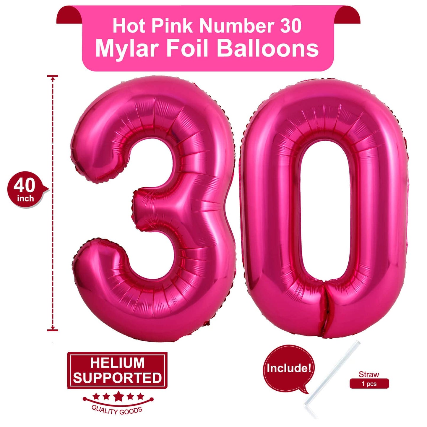 LHOAVWE Hot Pink 30 Foil Mylar Balloons - 40 Inch Jumbo Number Balloons for 30th Birthday Party Decorations