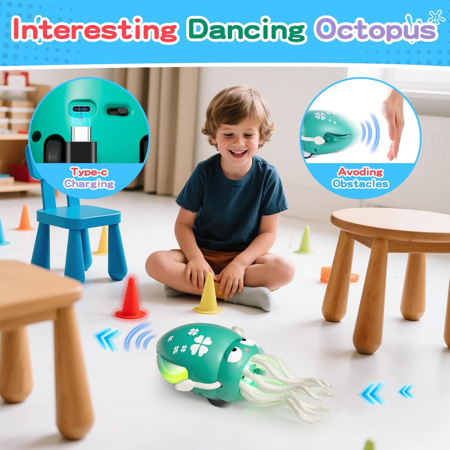 Dancing Squid Baby Toy, Dancing Octopus Tummy Time Toys for Toddlers, Infant Crawling Walking Baby Toys with Music & Light for 3