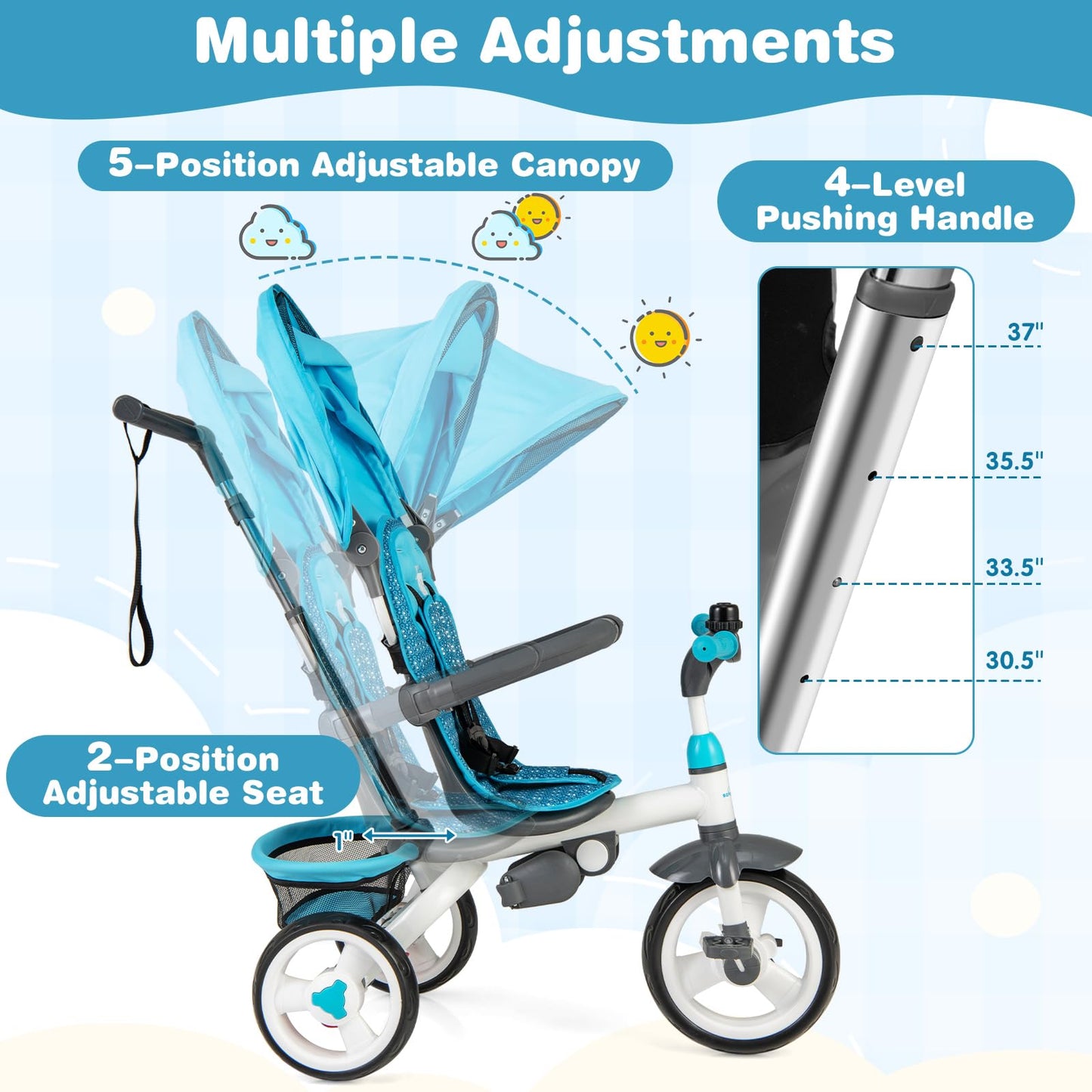 Costzon Tricycle For Toddlers, 4 In 1 Trike W/Parent Handle, Adjustable Canopy, Storage, Safety Harness & Wheel Brakes, Baby Pus