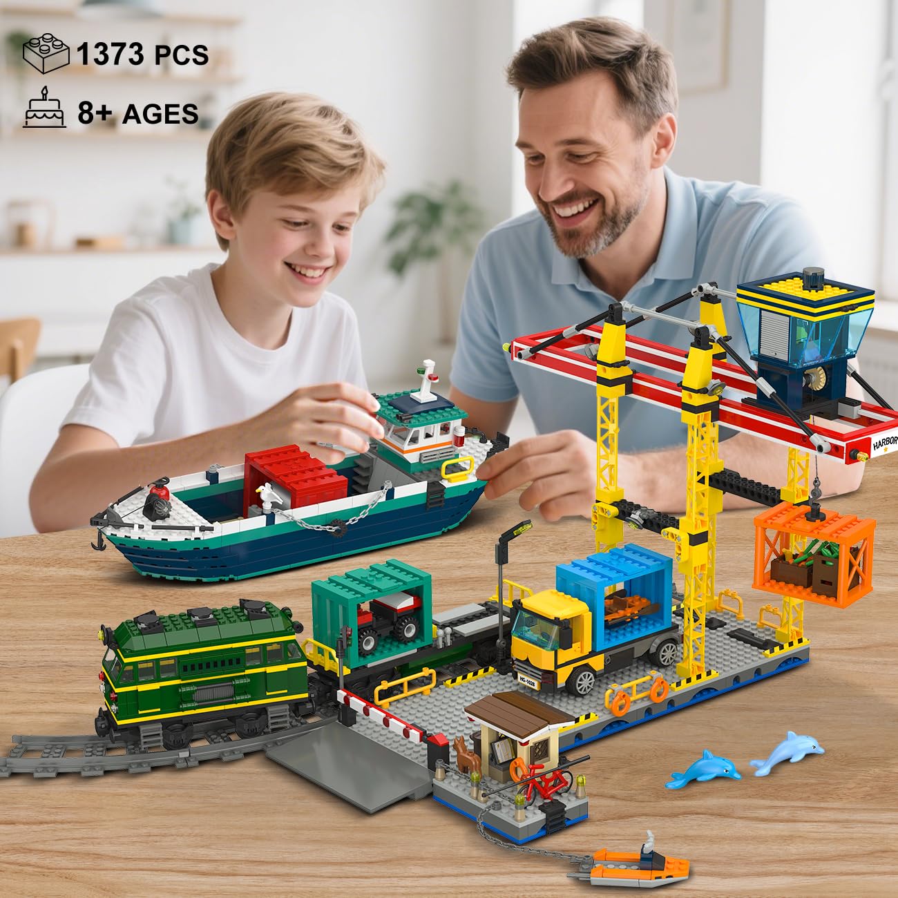HOGOKIDS City Wharf Building Set with Crane, 1373PCS, Plastic, 25"x13"x18", Includes Ship, Train, Truck & Containers, Ages 6-14+