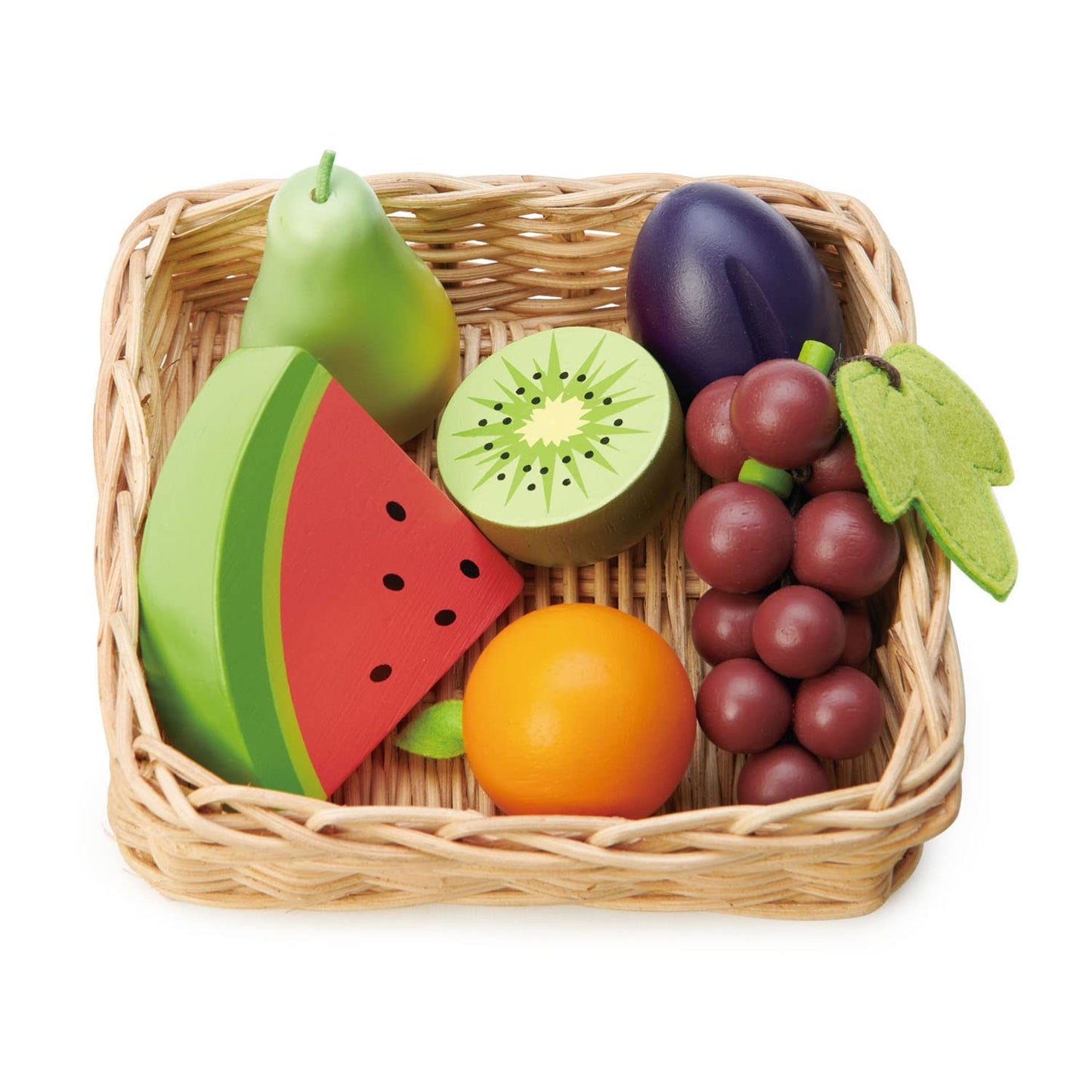 Tender Leaf Toys - Fruity Basket - 6 Pcs Solid Wood Fruits with Hand-Crafted Basket, Pretend Food Toy Playset Supermarket Shoppi