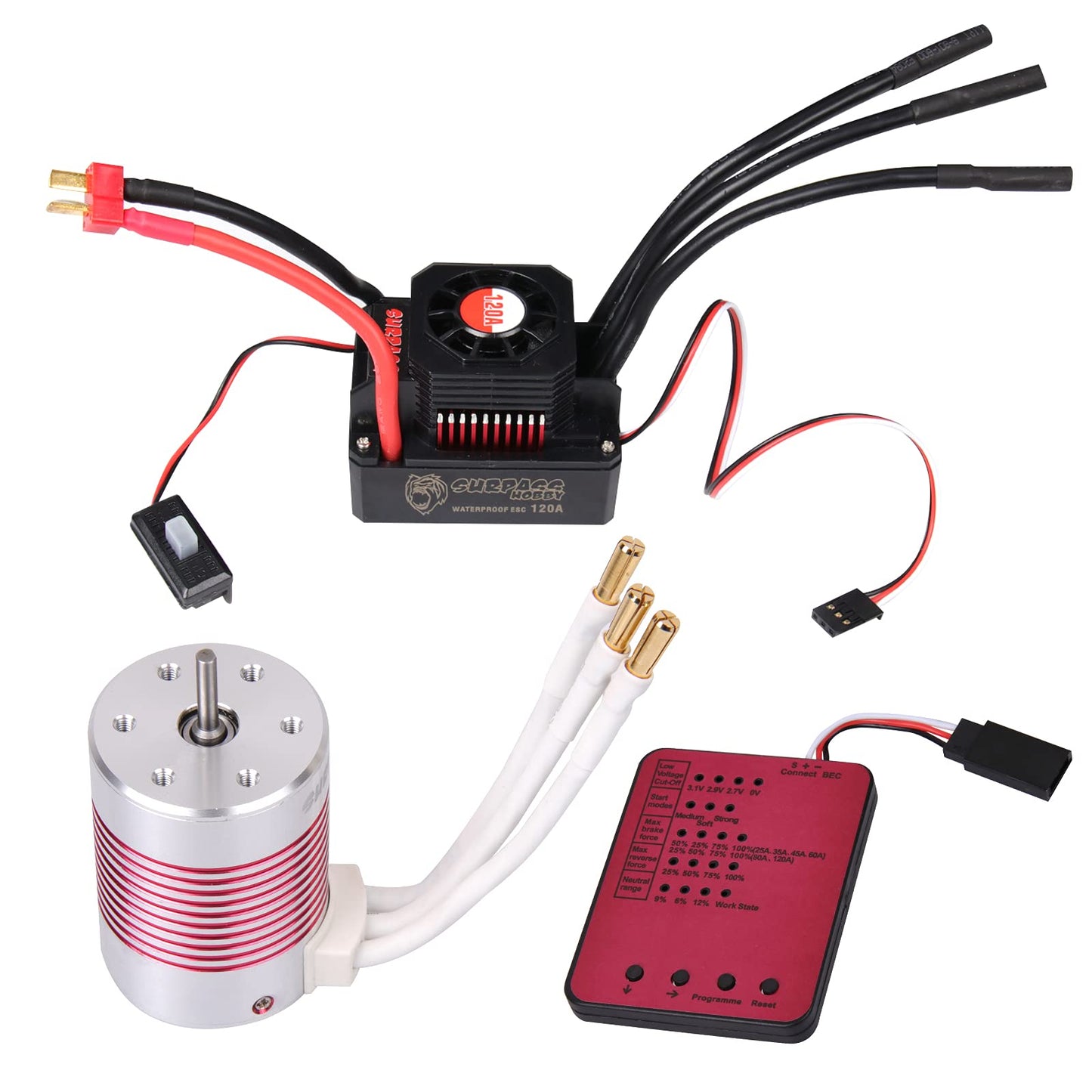 Rc Car 1:10 Scale 3650 5200Kv Brushless Motor & 120A Esc & Programming Card Pi65 Waterproof Motor & Electronic Speed Controller