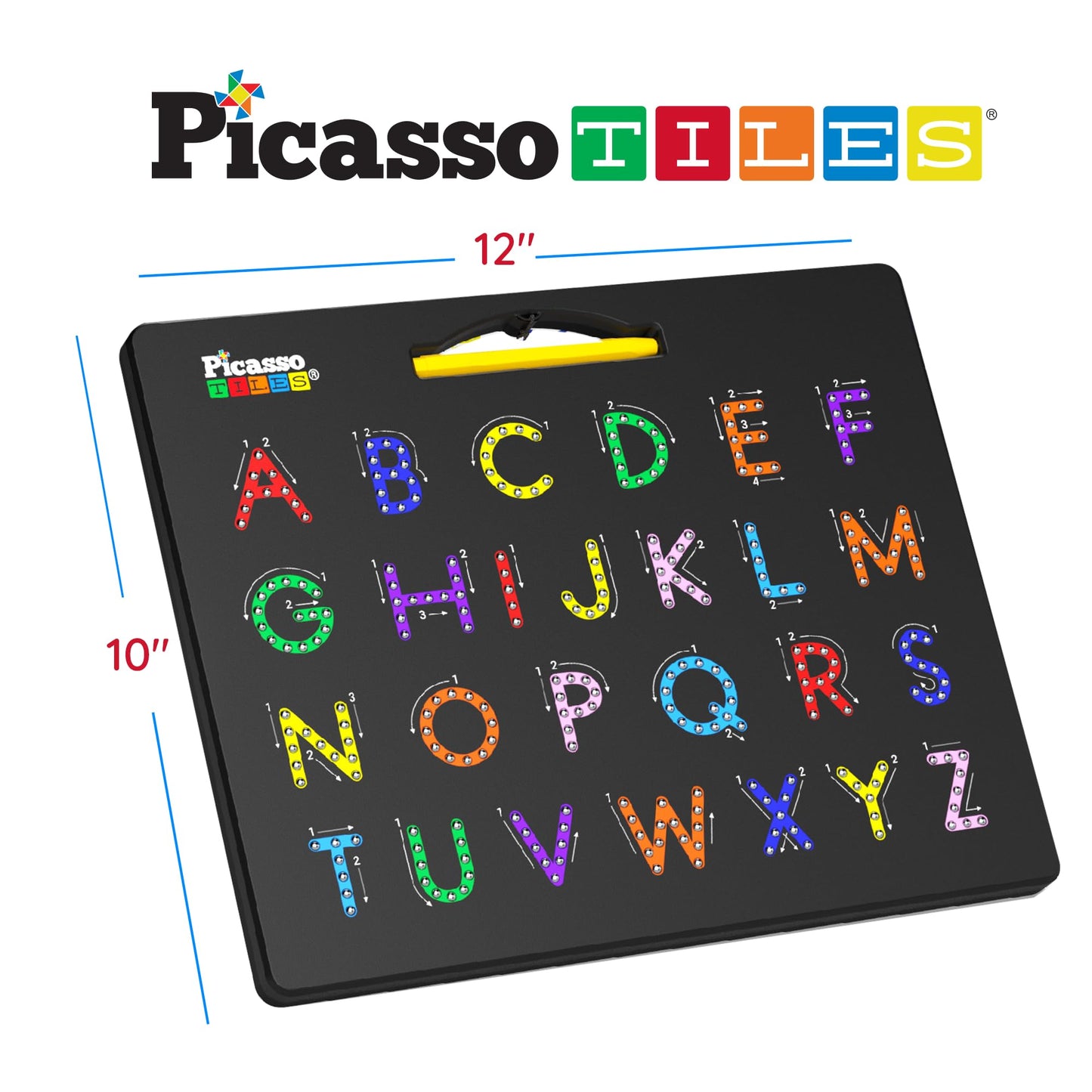 PicassoTiles 2-in-1 Magnetic Drawing Board Toy 12x10 inch Large Magnet Bead Tablet Pad with 2 Facings Alphabets STEM Educational