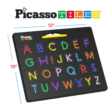 PicassoTiles 2-in-1 Magnetic Drawing Board Toy 12x10 inch Large Magnet Bead Tablet Pad with 2 Facings Alphabets STEM Educational