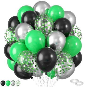 Green And Black Balloons,60 Pcs 12 Inches Matte Dark Green Metallic Silver Matte Black Balloons Confetti Balloons For Baby Birth