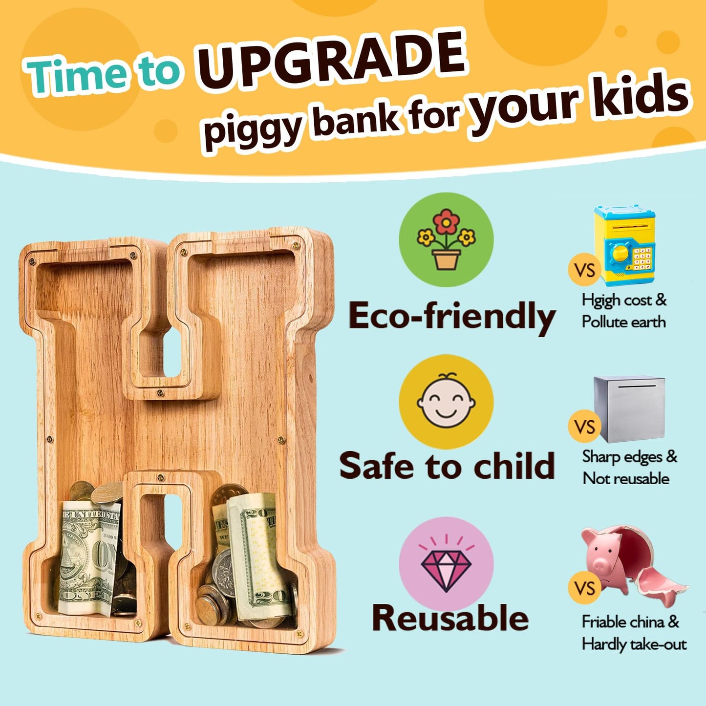 SummiDate Wooden Letter Piggy Bank| Piggy Bank for Boys Girls Toddler| Alphabet H Money Bank| Coin Bank Birthday Gift for Kids|Birthday Gift for Kids (H)