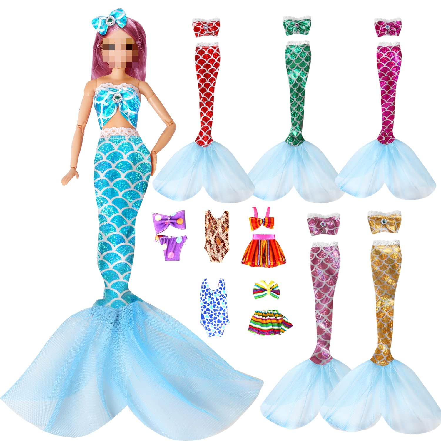 Sparkling Mermaid Doll Clothes Set - 11.5 Inch Doll Fashion Dresses For Girls - 11 Pcs Dolls Swimsuit Mermaid Clothes And Access