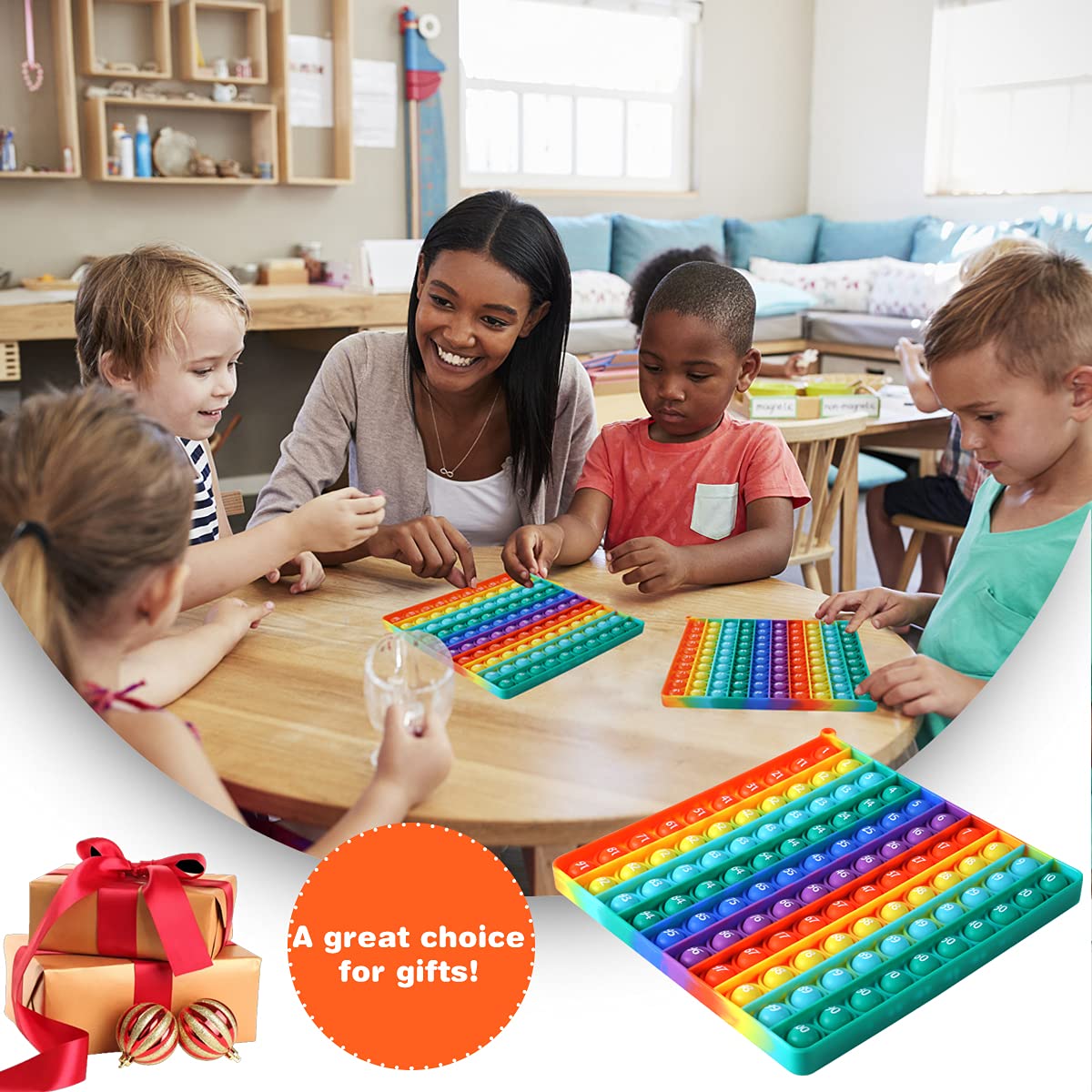 Ak-Ship 7.8In Big Size P0Pp Math Toys , Rainbow Square Fidget Ttoy 100Bubbles Stress Relieving Fidget Game For Teachers To Create Kinds Of Math Manipulatives?With 1-100 Numbers Tables?