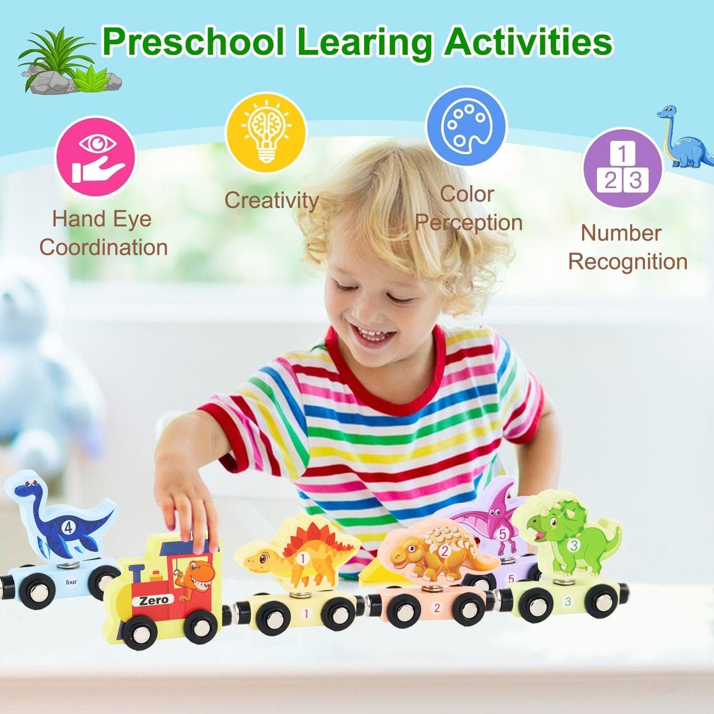 Yzata Magnetic Wooden Dinosaur Train Set Montessori Preschool Educational Car Toys For Baby Toddlers Infants Boys Birthday Gifts