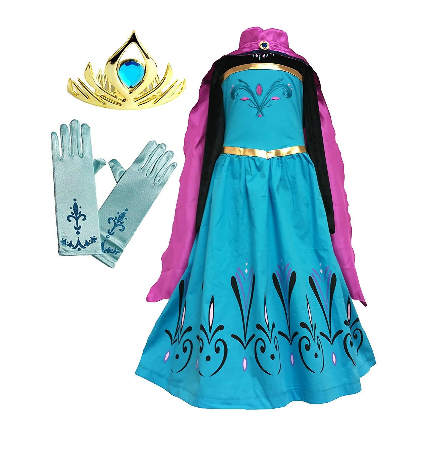 Cokos Box Girls Coronation Dress Costume Cape Gloves Tiara Crown Accessories Kids Set (Blue, 5 Years)