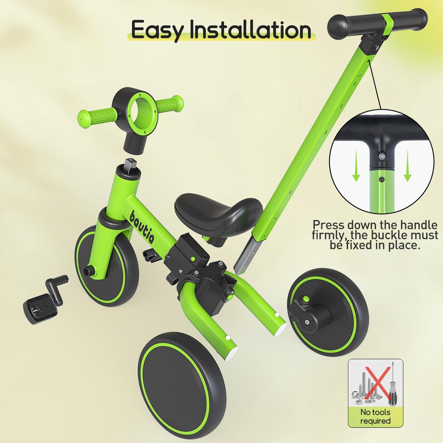 Bautia Kids Tricycle for Toddlers 1-3 with Push Handle, 5 in 1 Baby Balance Bike for 1-4 Years Old Boys Girls Gift with Removabl