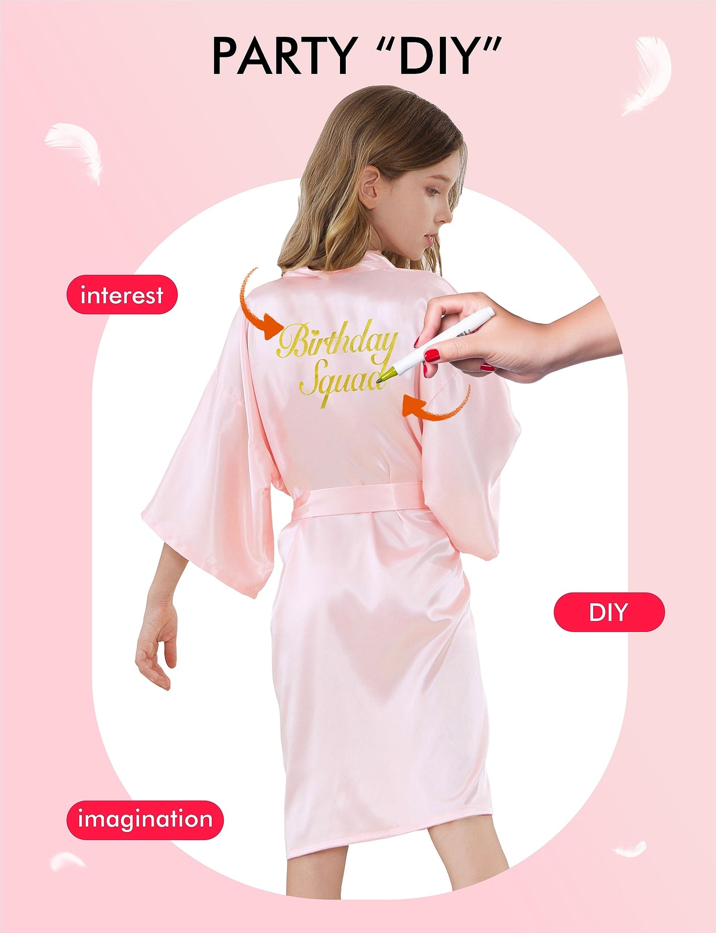 Ivrriss 10Pcs Kid Girls Spa Costume Party Robes Set Silky Plain Kimono Robes For Wedding Birthday(Light Pink,8)