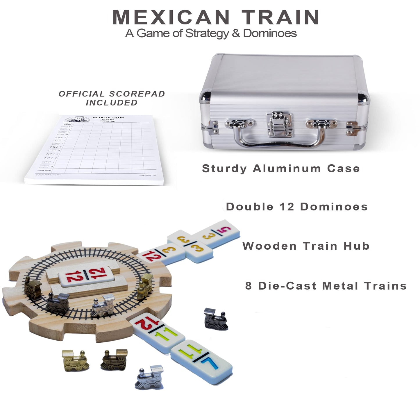 RNK Gaming Mexican Train Dominoes Set Double 12 with Wooden Hub, 8 Metal Trains, Multicolor, Aluminum Case