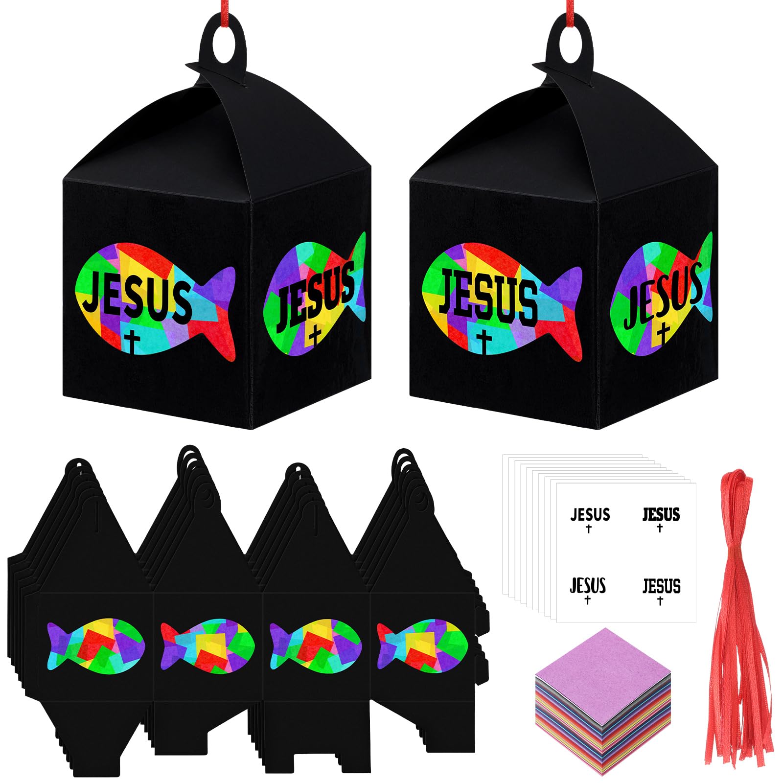 VIHOSE 16 Sets Christian Fish Craft Christian Lantern Craft DIY Faith Jesus Fish Tissue Paper Suncatcher Kits Religious Hanging 