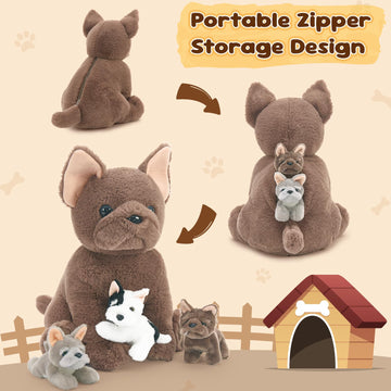 Tezituor French Bulldog Stuffed Animal With 3 Babies,17.7 Inches Mommy Dog Plush Soft Puppy Toys Realistic Fluffy Dog Christmas