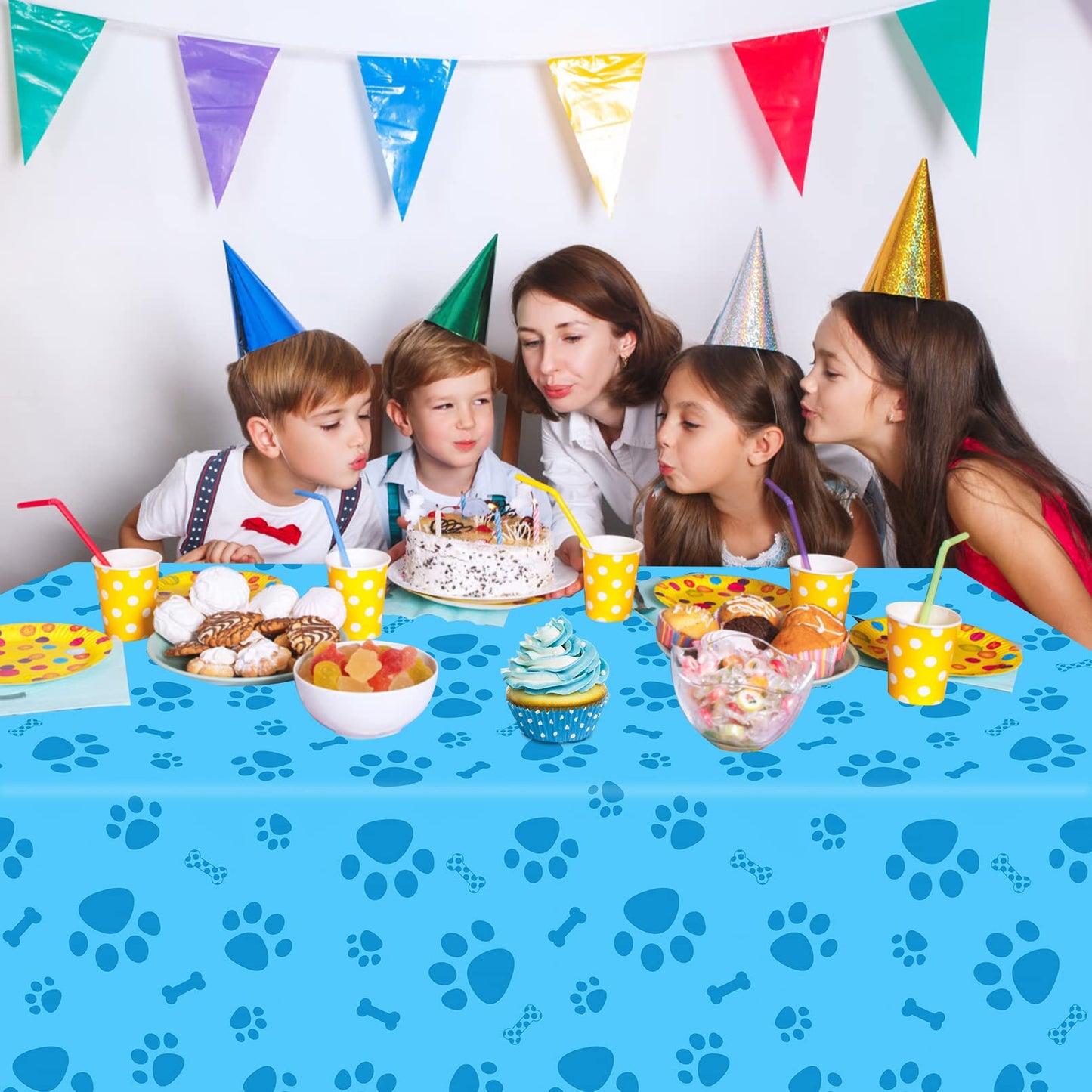 Paw Print Tablecloth, 3 Pack Large Size Plastic 54'X108' Dog Paw Print And Bone Sign Tablecloths, Cute Table Cover For Kids Boy Girl Dog Birthday Party Supplies- Blue