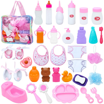 Sotogo 34 Pieces Baby Doll Accessories Baby Doll Feeding And Washing Set With Baby Doll Diaper Bag Set Baby Doll Accessories In Bag, Without Doll