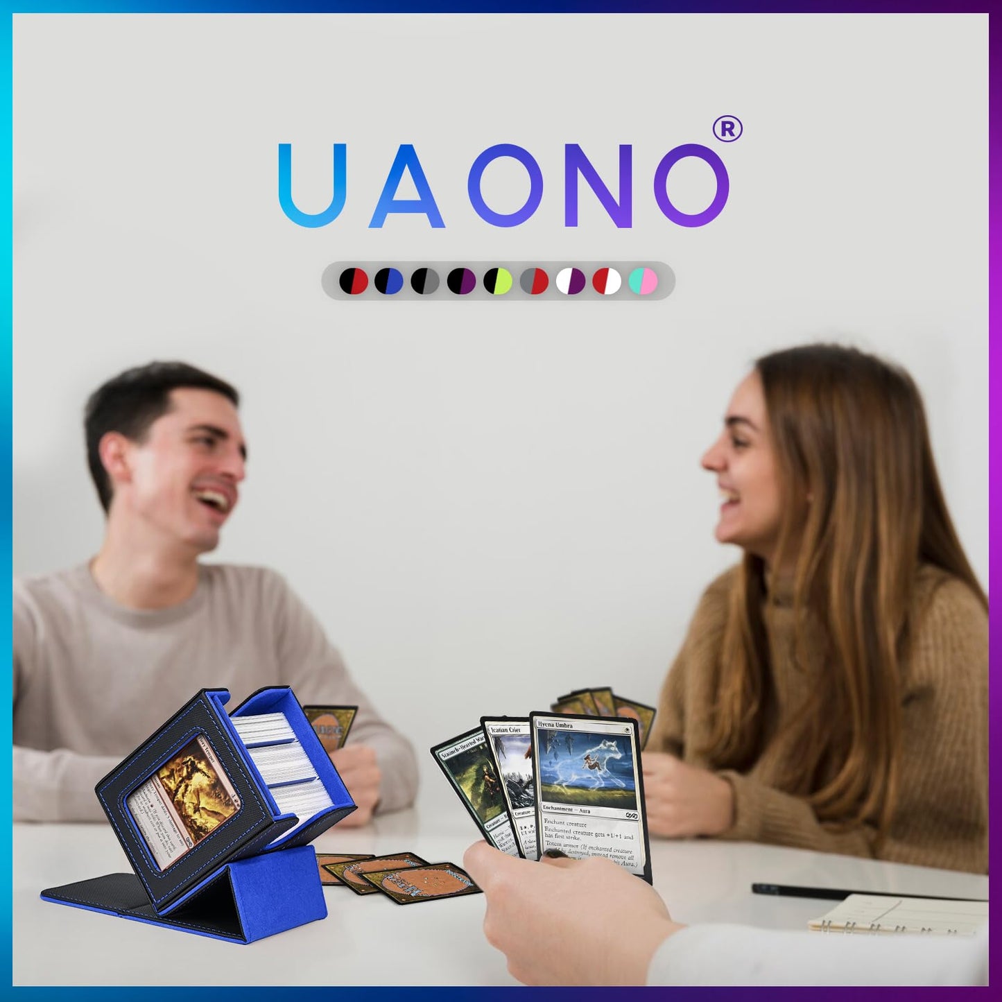 Uaono Card Deck Box With Mtg Commander Display, Deck Case Holds 100+ Double-Sleeved Cards, Trading Card Storage Box Fits Tcg/Ptcg/Sports Card With 2 Dividers, 1 Toploader (Black, Blue)