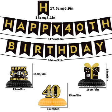 40Th Glitter Black Gold Birthday Banner Party Decorations, Happy 40Th Birthday Decorations Hanging Swirls Banner Honeycomb Centerpieces For Men Women Happy 40 Years Old Bday Party