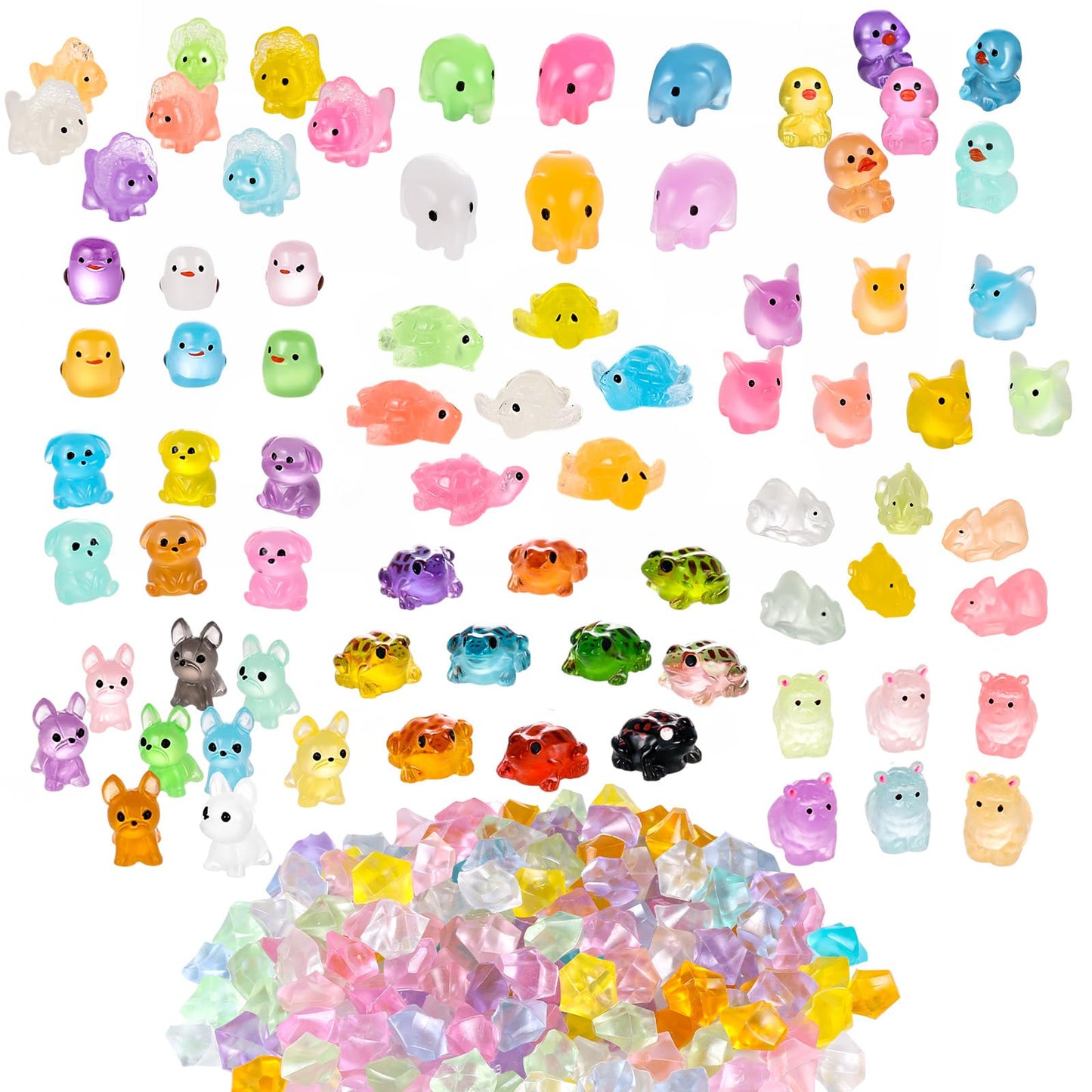 IWOLOMI 262 Pcs Luminous Mini Resin Animals Mini Ducks Frogs Dogs Chickens Piglet Lizard Alpaca Elephant Dinosaur Turtle Fairy G