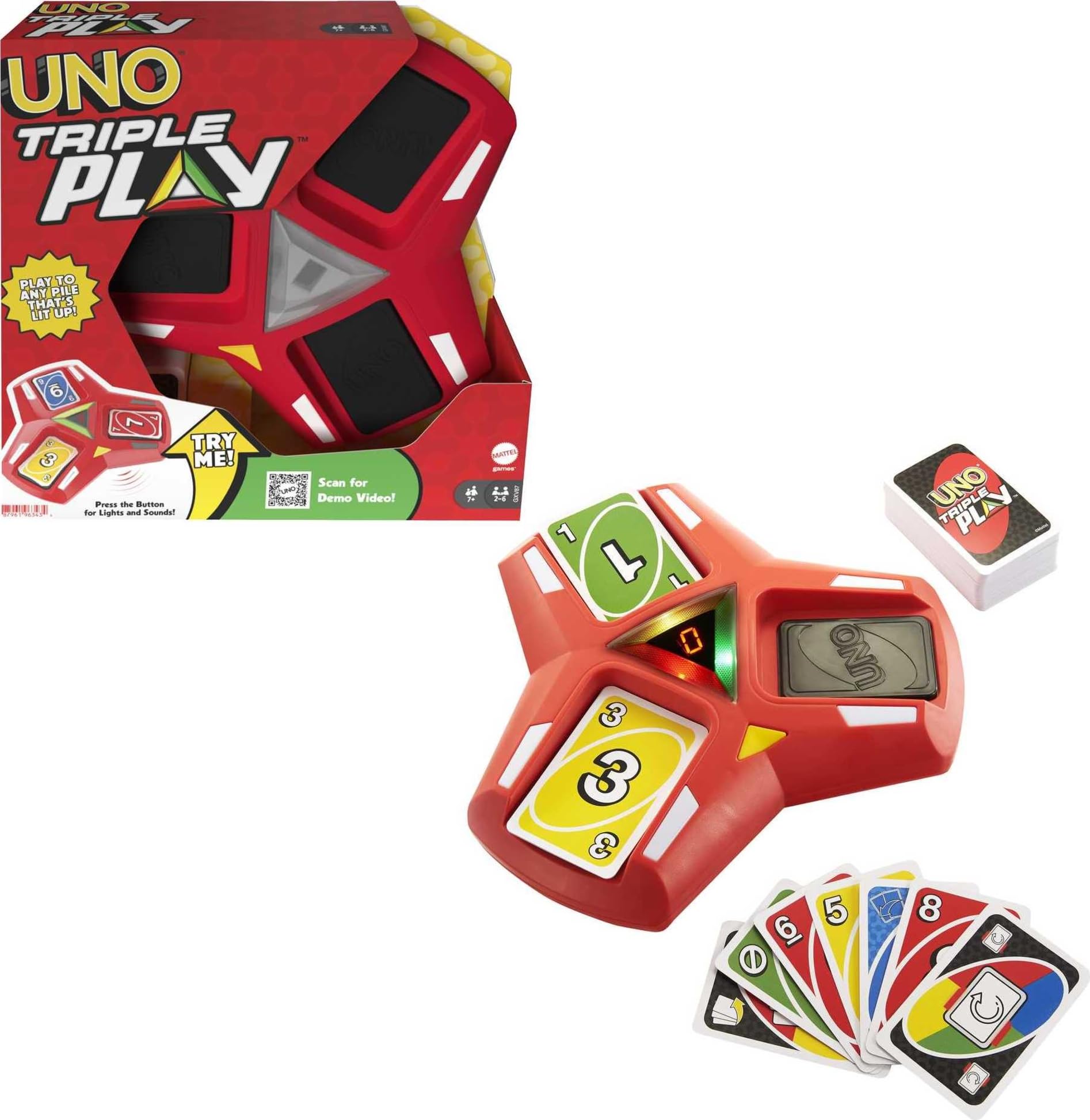 Mattel Games UNO Triple Play Card Game, Game for Kids, Adults and Family Night, Play Three Piles, Draw When it Overloads, Lights
