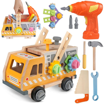 Aliex 38PCS Kids Wooden Truck Tool Set with Toy Drill for Toddlers Ages 3 4 5 6,Montessori STEM Educational Learning Constructio