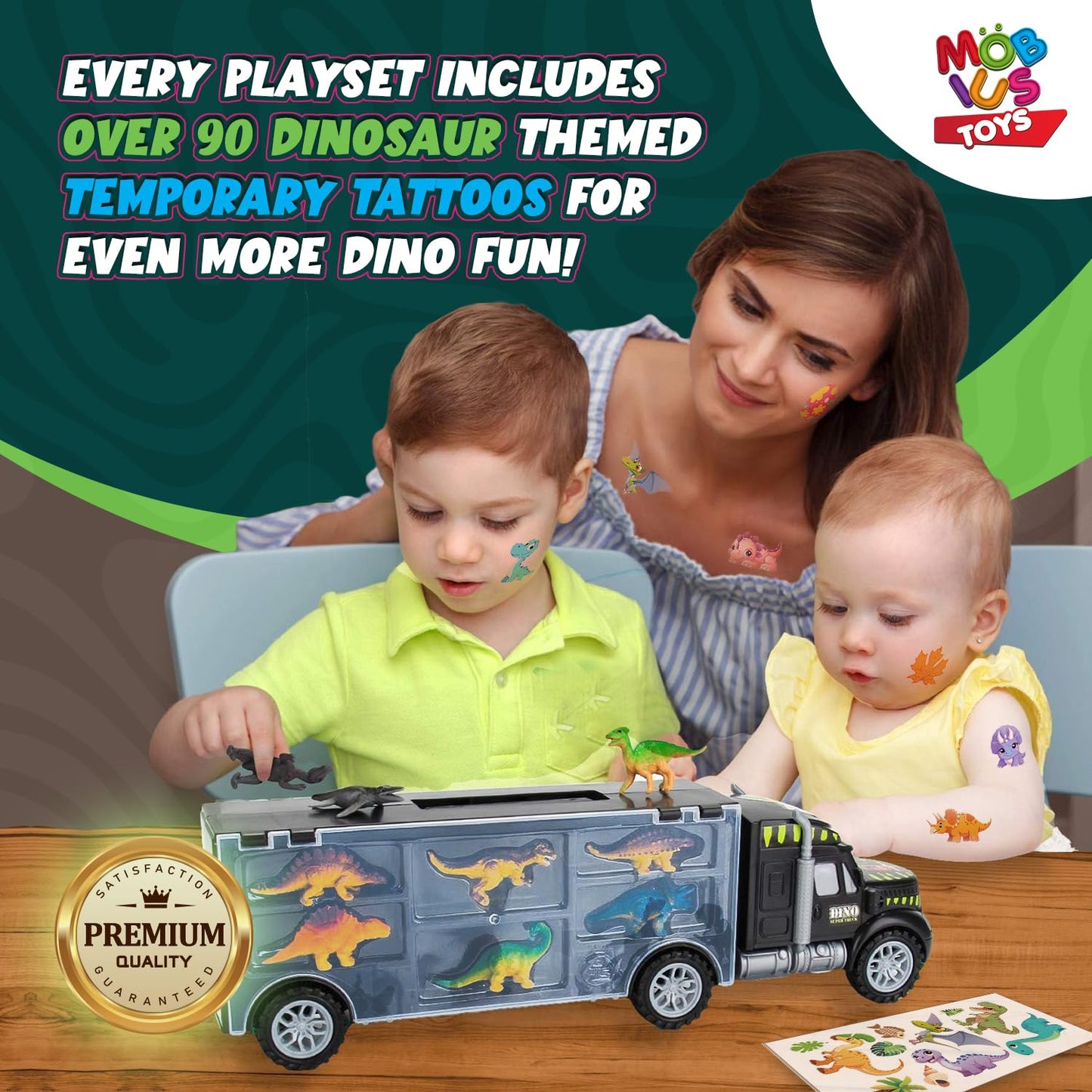 Dinosaur Truck Toy Carrier - Dino Trucks for Boys Includes 12 Kids Dinosaur Toys & Temporary Dinosaur Tattoos, Dinosaur Car Tran