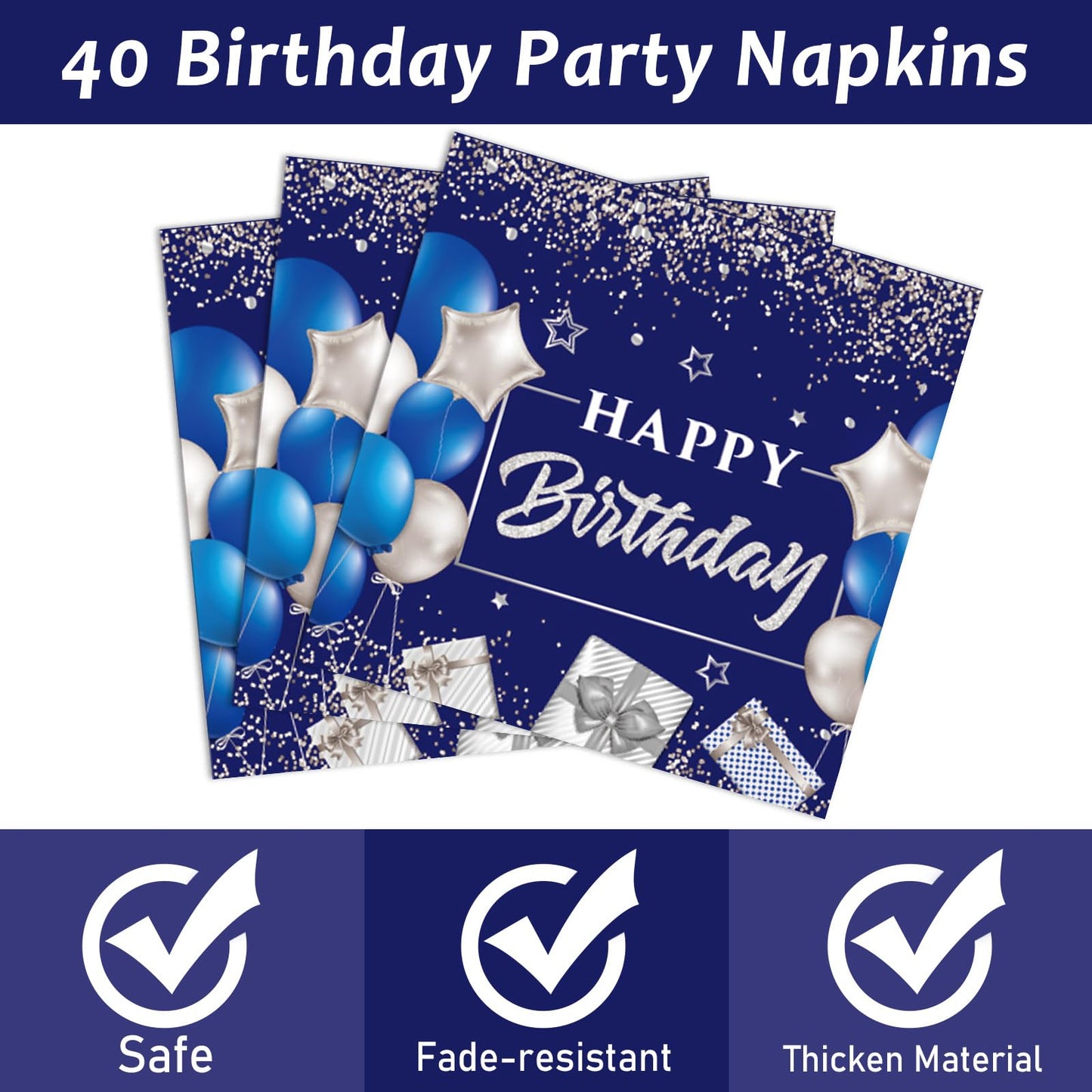 96 Pcs 40Th Birthday Party Supplies Navy Blue And Silver Birthday Plates 40Th Birthday Paper Tableware Happy Birthday Party Plat