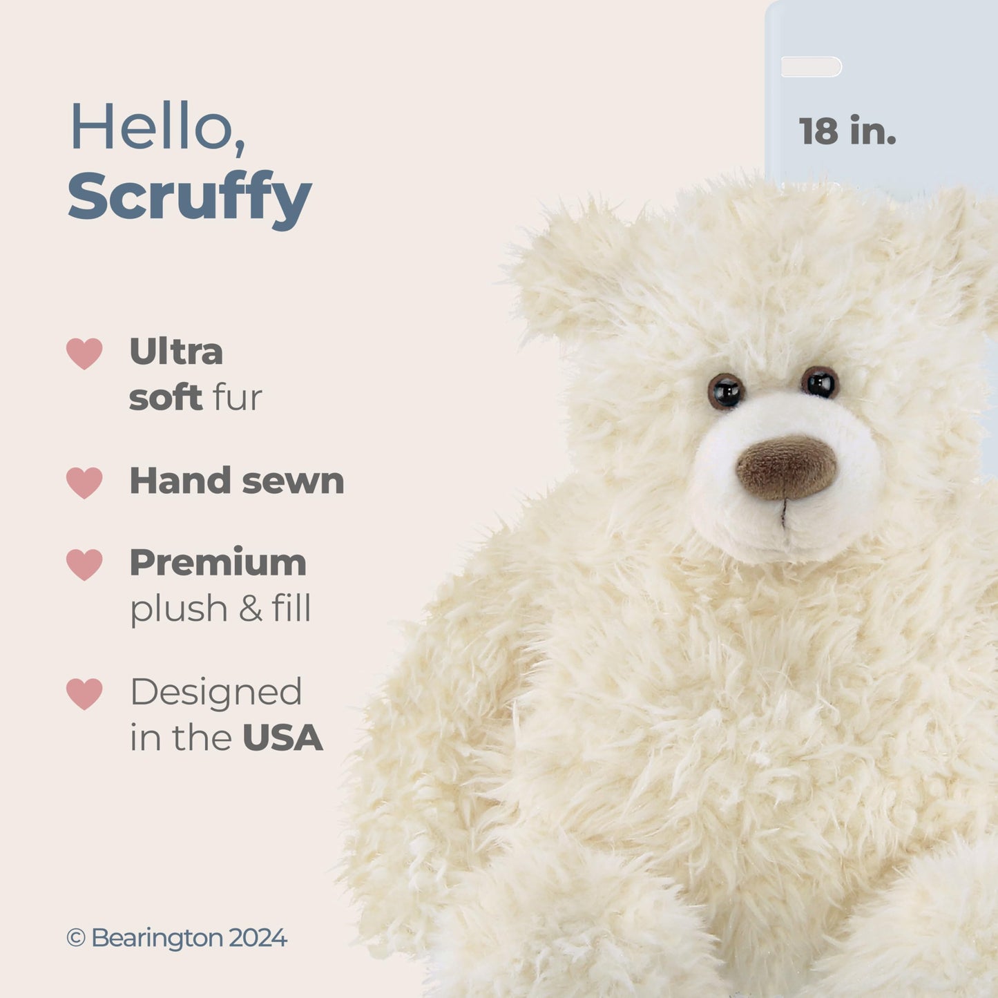 Bearington Scruffy White Plush Teddy Bear Stuffed Animal, 18 Inch
