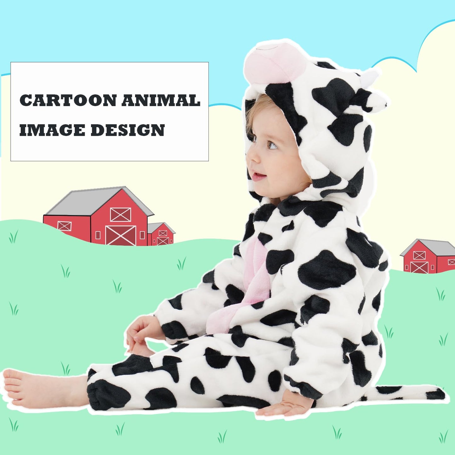 Lonulain Unisex Baby Animal Costume Pajamas, Infant Flannel Hooded Halloween Romper Cosplay Costume/Homewear/Sleepwear (Cow,12-1